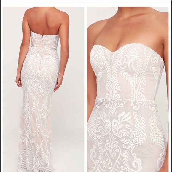 you belong with me white and nude lace strapless maxi dress